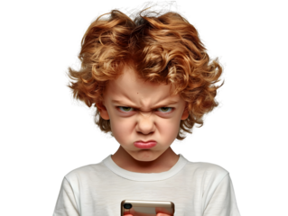 angry young boy with red hair is holding a cell phone.png