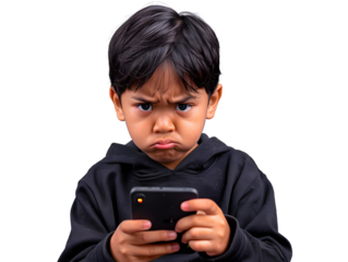 Angry Asian young boy holding cell phone