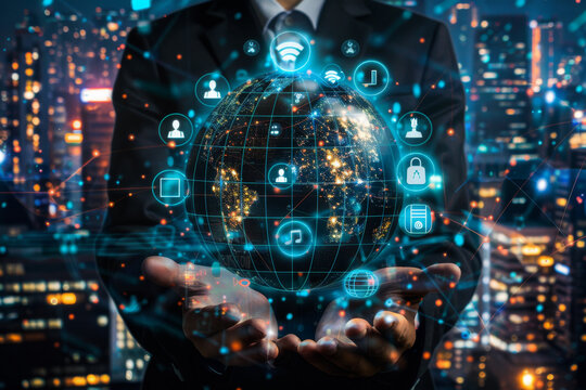 A man in a suit holds a globe in his hands