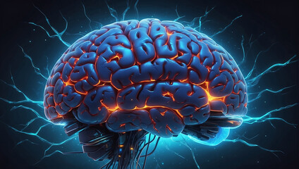 A image of a 3d rendered illustration of a electronic metal human brain with neon growing lightning 
