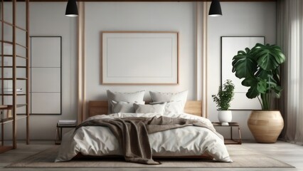 Mock-Up of Stylish Living Room with Modern Furniture and Blank Canvas Frame on White Wall Texture Render Suitable for Buildings and Architecture Interior Design