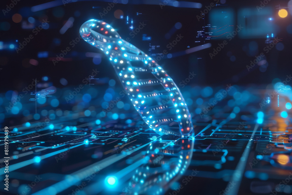 Poster a computer generated image of a dna strand on a circuit board