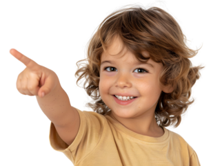 A young boy with brown hair and a yellow shirt pointing to the front
