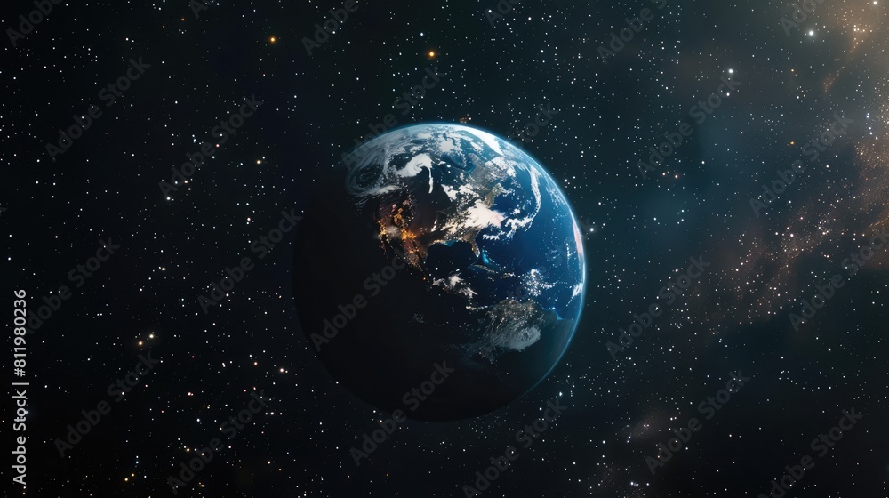 Poster at night when viewed from space planet earth sparkles amidst a backdrop of stars showcasing its posi