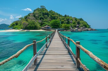 Obraz premium Wooden pier leads to an island with clear blue water and lush greenery 