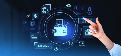 Woman finger touch digital wallet with banking icons hologram, online finance