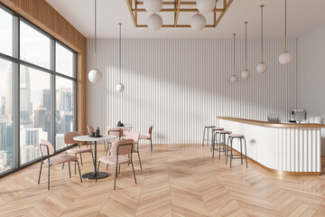 Modern restaurant interior with bar island and eating space, panoramic window