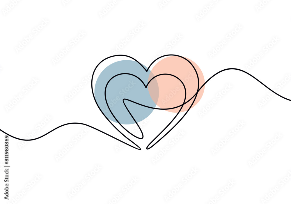 Poster heart and love sign in continuous one line drawing. thin flourish and romantic symbol in simple line