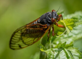 In the tranquil setting of a sun-dappled meadow, a cicada embarks on a slow and deliberate climb up a long blade of grass.