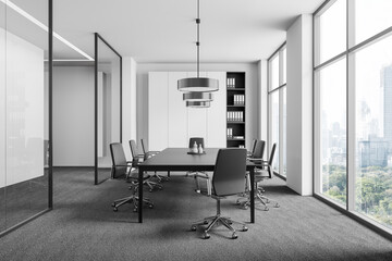 Modern office meeting room with a large table, chairs, and a city view through floor-to-ceiling windows. Light, contemporary. 3D Rendering