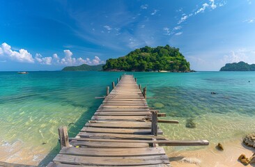 Fototapeta premium Wooden pier leads to an island with clear blue water and lush greenery 
