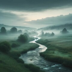 朝霧に包まれた川｜A river shrouded in morning mist Generative AI