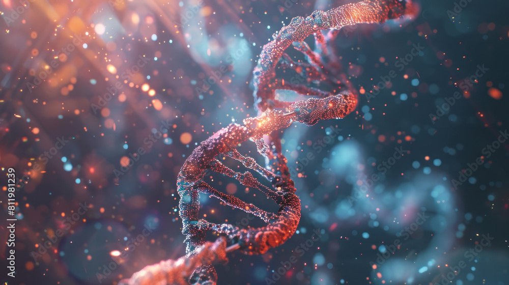 Poster a dna strand is shown in a colorful, abstract style. concept of complexity and wonder, as the dna is
