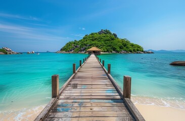 Fototapeta premium Wooden pier leads to an island with clear blue water and lush greenery 
