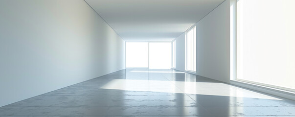 A large, empty room with a white wall and a large window. The room is very bright and spacious,...