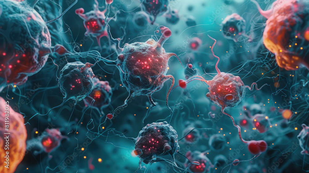 Poster a close up of a bunch of red and blue cells. the cells are very small and are scattered throughout t