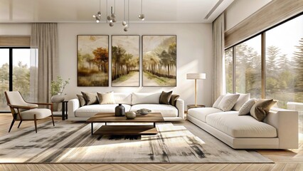 modern living room with large painting on wall, wood floor and modern furniture, wide angle shot, neutral colors, large window with view of trees, large coffee table in center of the space, 