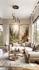 modern living room with large painting on wall, wood floor and modern furniture, wide angle shot, neutral colors, large window with view of trees, large coffee table in center of the space, 