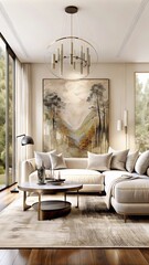 modern living room with large painting on wall, wood floor and modern furniture, wide angle shot, neutral colors, large window with view of trees, large coffee table in center of the space, 