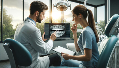 dental consultation in progress between dentist and a dental assistant discussing a digital dental