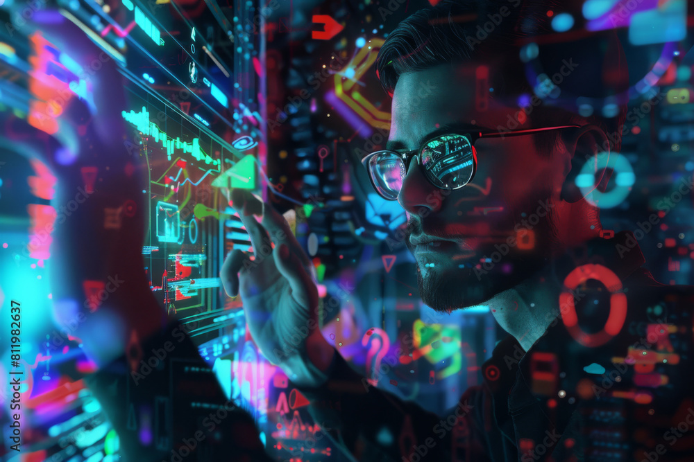 Poster a man wearing glasses is looking at a screen with a display of numbers and graphs