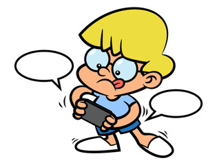 Little Boy cartoon character, concentration while playing online games with smartphone. Best for sticker, logo, and mascot with technology themes for kids