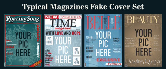 Typical Magazines Fake Cover Set. Color Magazines First Page Backgrounds. Musical, Political, Fashion, Beauty Editions