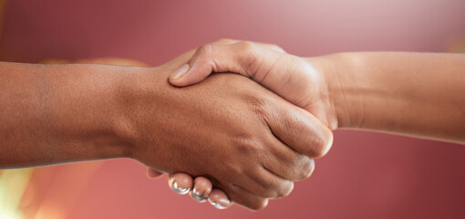 Handshake, people and closeup in studio for agreement, collaboration or deal by red background....