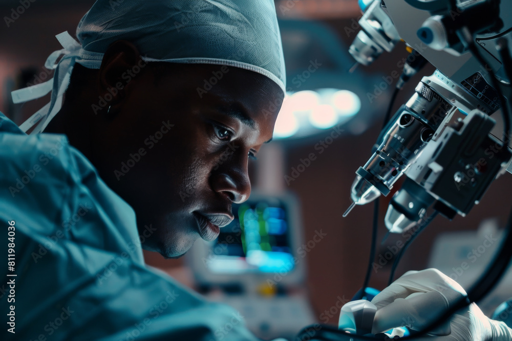 Poster a surgeon looks through a microscope with a label that says ' a ' on it