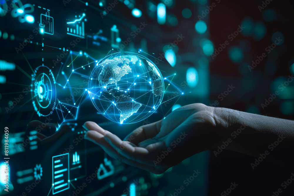 Poster a hand is holding a globe in front of a computer screen