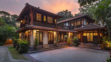 Obraz premium A stunning traditional wooden house lit up as dusk settles in, showcasing rich architectural details surrounded by lush greenery.