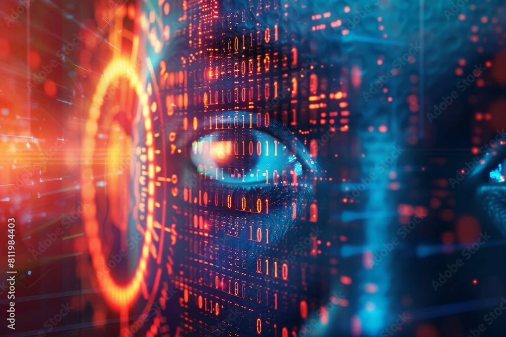 Poster a computer generated image of a person 's eye surrounded by binary code
