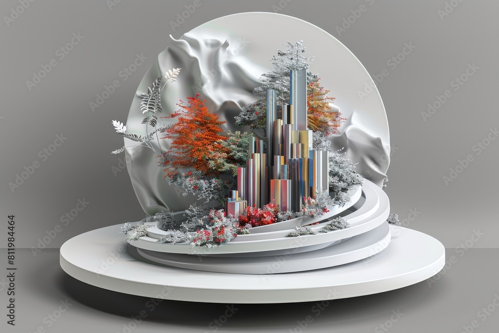 Poster a 3d rendering showcases an abstract globe with a miniature city inside, set against a porcelain bac