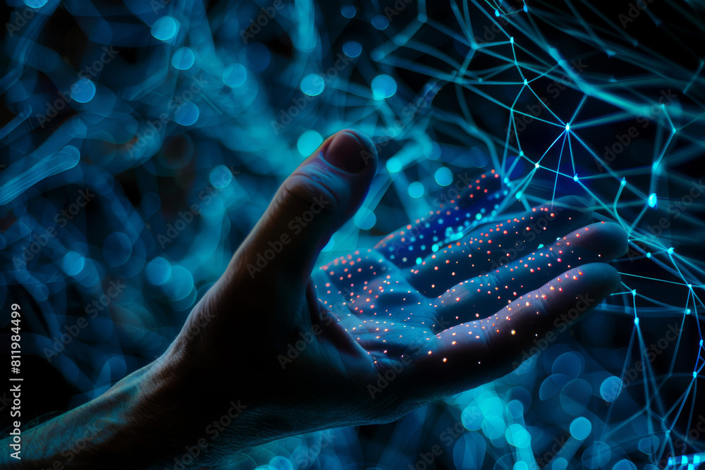 Aufkleber a hand is reaching out towards a network of lines and dots