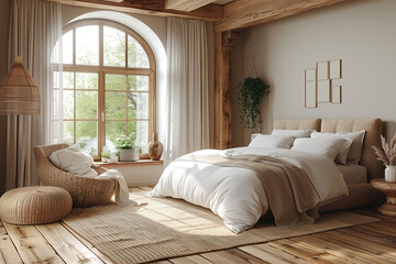 Tranquil bedroom in minimalist style featuring unadorned windows, soft grays, abundant natural light, and smooth wooden textures for a calming atmosphere.