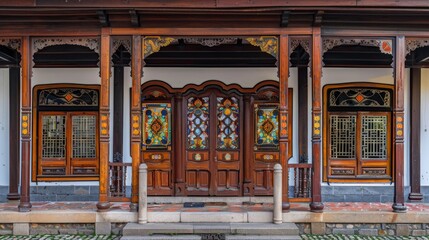 An exquisitely detailed traditional porch featuring richly carved woodwork, stained glass panels, and ornamental architecture in a historic home.