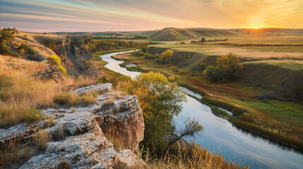 Obraz premium Serene river landscape at sunset with rocky foreground