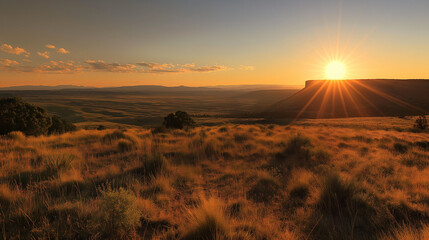 Sunrise over rolling hills with golden light
