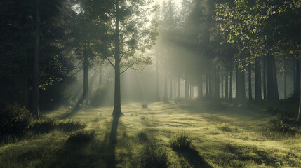Fototapeta premium Misty morning light streaming through a tranquil forest