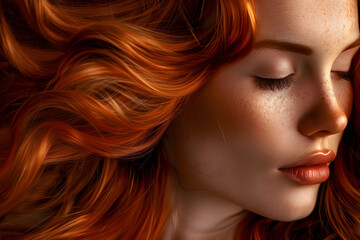 Red hair, enhanced with premium hair care products. The image highlights the elegance and health of the hair, offering a captivating vision of natural beauty.
