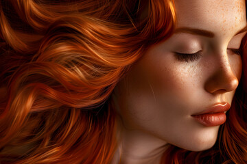 Fototapeta premium Red hair, enhanced with premium hair care products. The image highlights the elegance and health of the hair, offering a captivating vision of natural beauty.