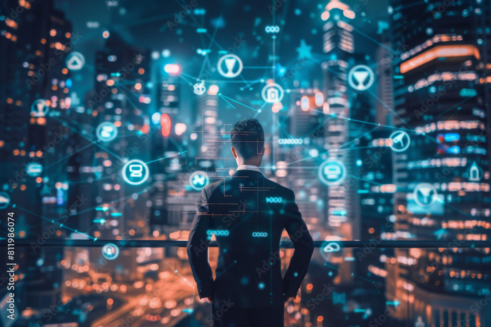 Poster a man in a suit stands in front of a city skyline with a display of icons and numbers