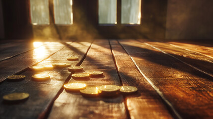 Obraz premium Elegant Wooden Table Adorned with Stacks of Shining Coins