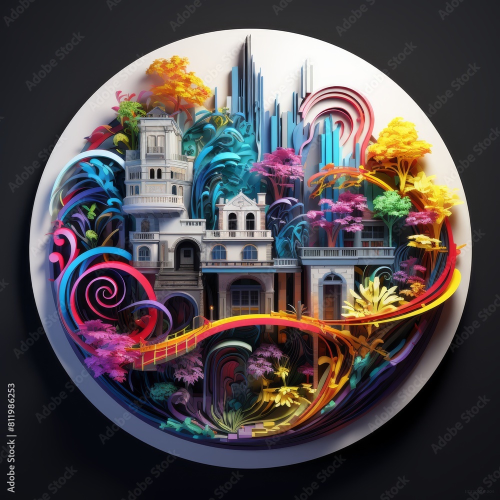 Poster a 3d rendering of a castle enclosed in a sphere, surrounded by trees and waves. abstract painting. c