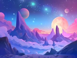 Fototapeta premium Captivating Alien Landscape with Towering Mountains and Ethereal Moons