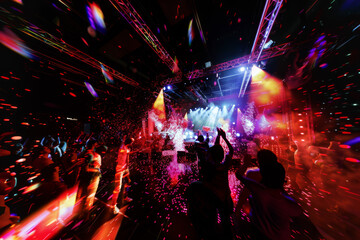 A crowd of people at a concert with confetti falling from the ceiling