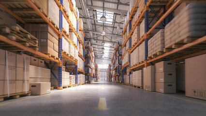 Retail warehouse full of shelves with cardboard boxes and packages. Logistics, storage, and delivery industrial background.