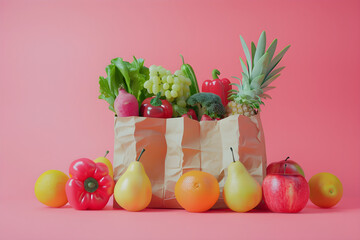 Paper bag being filled with fresh colorful fruits and vegetables in a food supermarket, pink background.