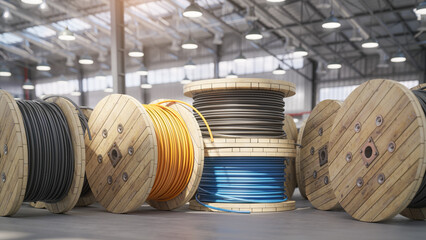 Wire electric cable on wooden coil or spool in warehouse.