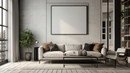 Modern Cozy Living Room Decor with Empty Canvas Frame and Furniture Mock-Up on White Wall Texture Render Suitable for Buildings and Architecture Interior Design